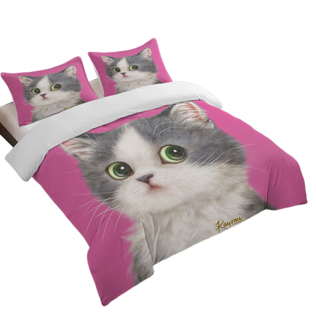 Cats Art Adorable Shy Kitten Over Pink Oversized King Duvet Cover