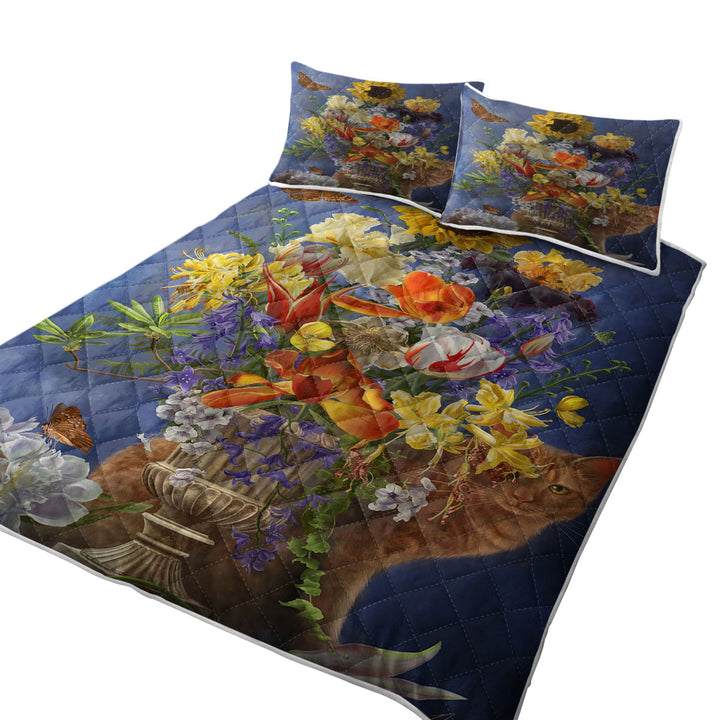 Cats Art Colorful Flower Bouquet and Cat Coverlets