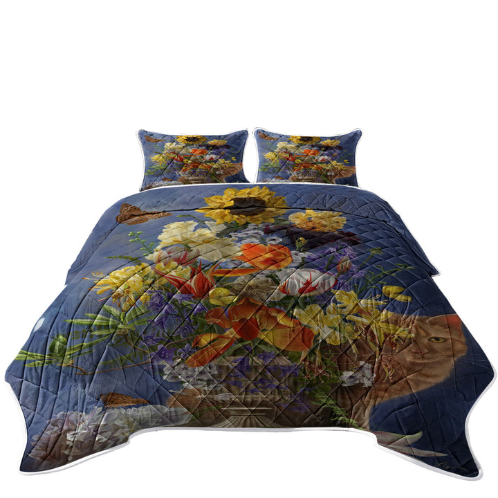 Cats Art Colorful Flower Bouquet and Cat King Size Quilt Sets