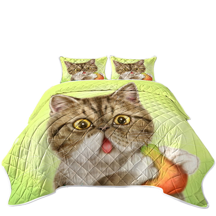 Cats Art Paintings Cute Pear Eating Kitten Quilts for Beds