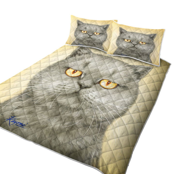 Cats Art Paintings Yellow Eye Cranky Grey Cat Coverlets