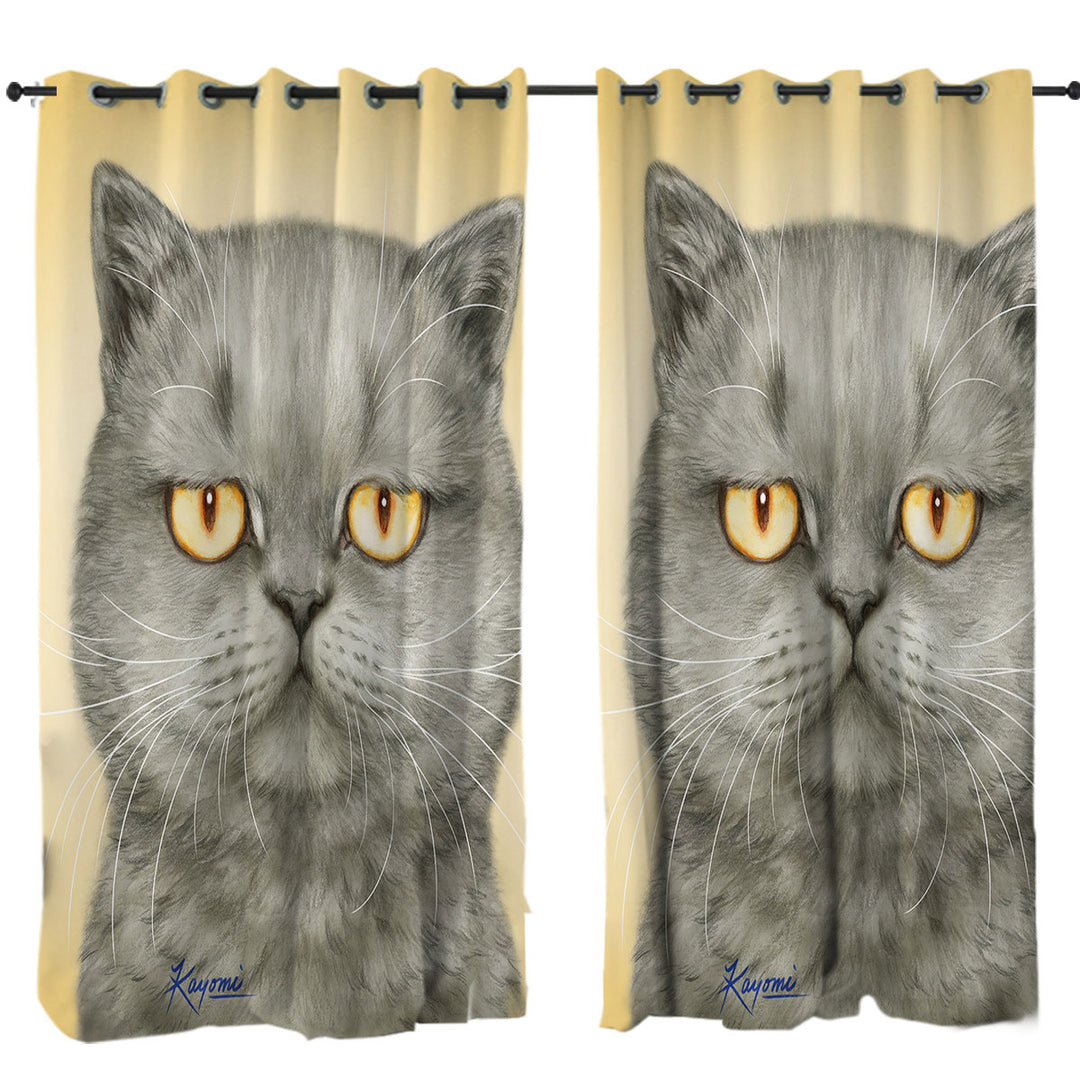 Cats Art Paintings Yellow Eye Cranky Grey Cat Curtains