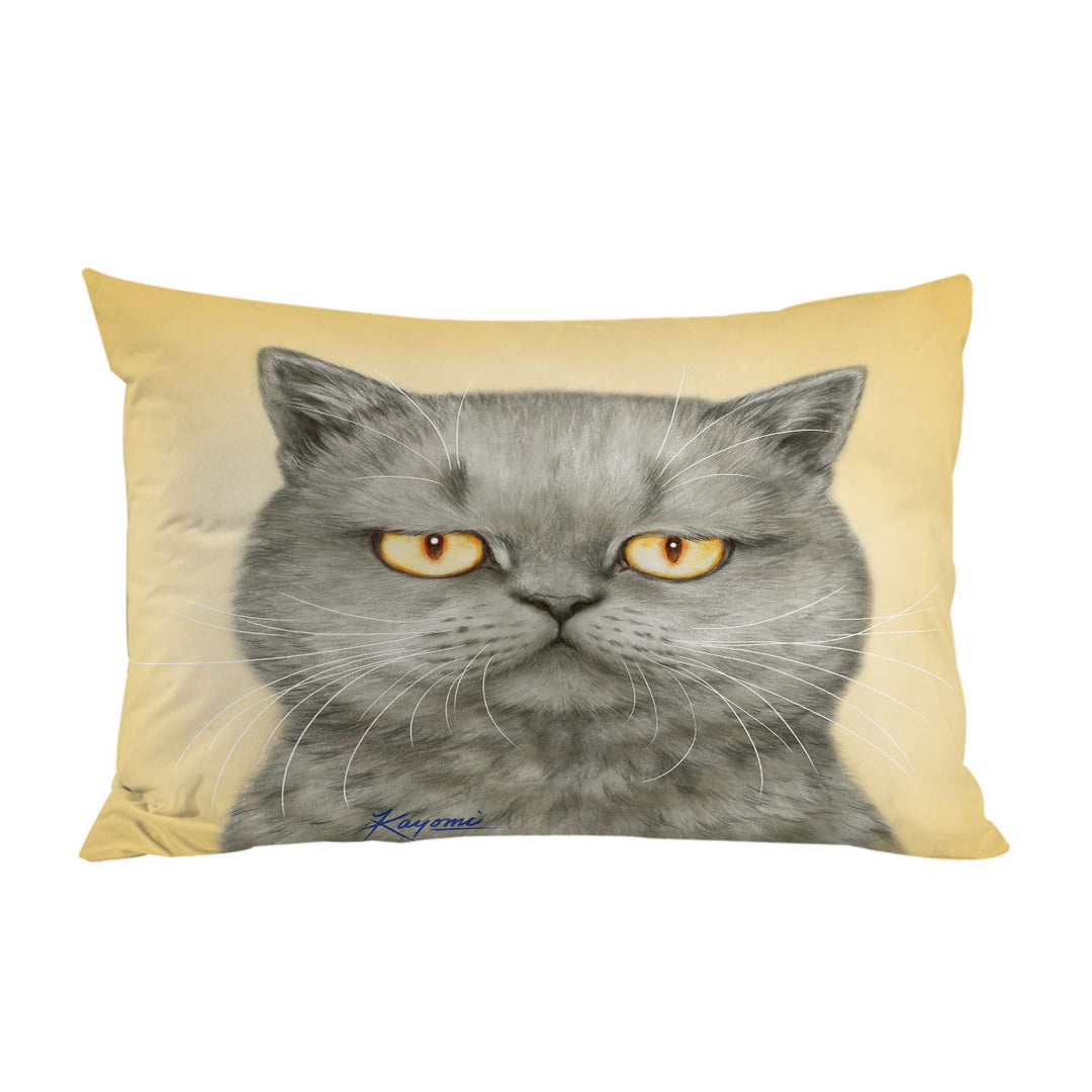 Cats Art Paintings Yellow Eye Cranky Grey Cat Pillow Cases