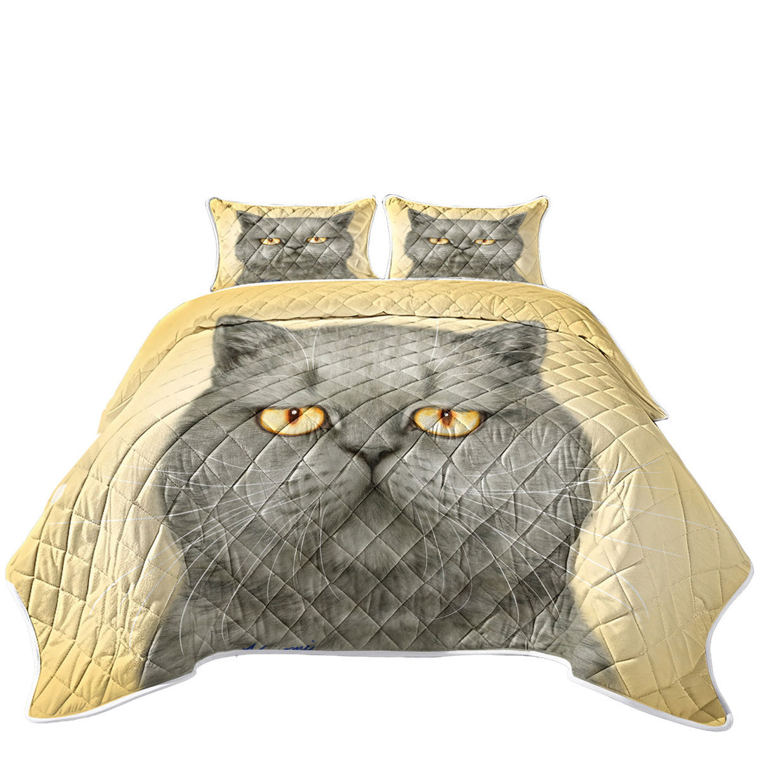 Cats Art Paintings Yellow Eye Cranky Grey Cat Quilt
