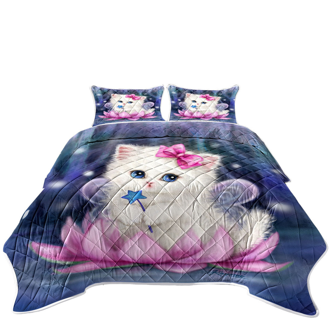 Cats Art Pink Lotus Fairy Kitten California King Quilt Sets