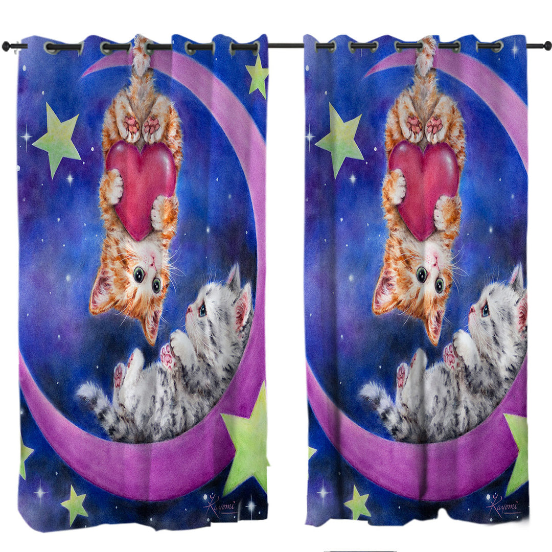 Cats Art Romantic Moon Space Starts and Kittens Curtains
