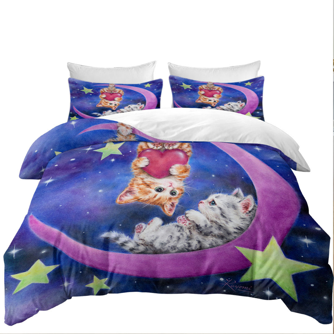 Cats Art Romantic Moon Space Starts and Kittens Duvet Covers