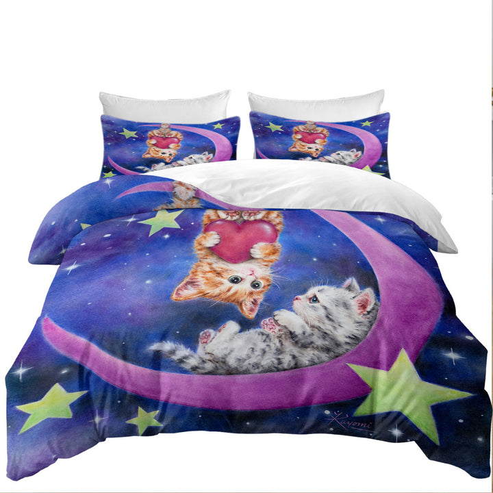 Cats Art Romantic Moon Space Starts and Kittens Duvet Covers