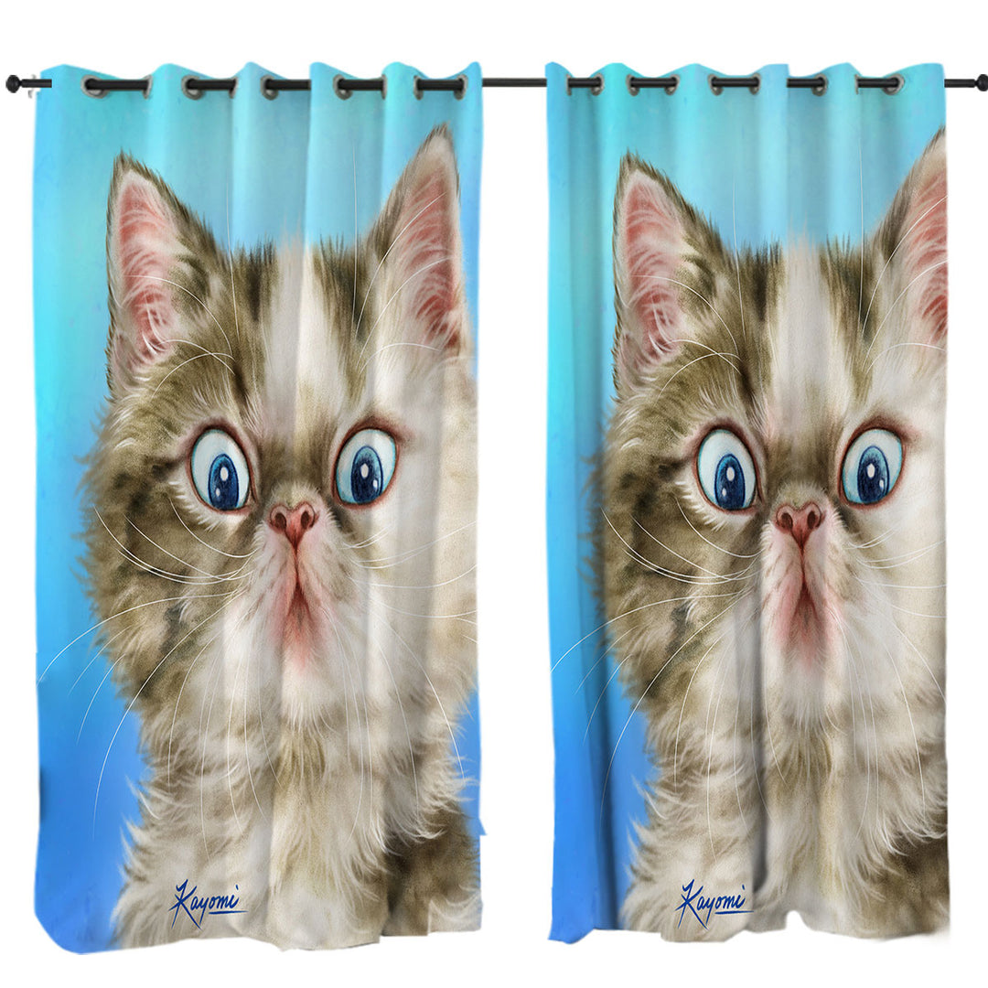 Cats Cute Faces Drawings Grey White Kitten Curtain
