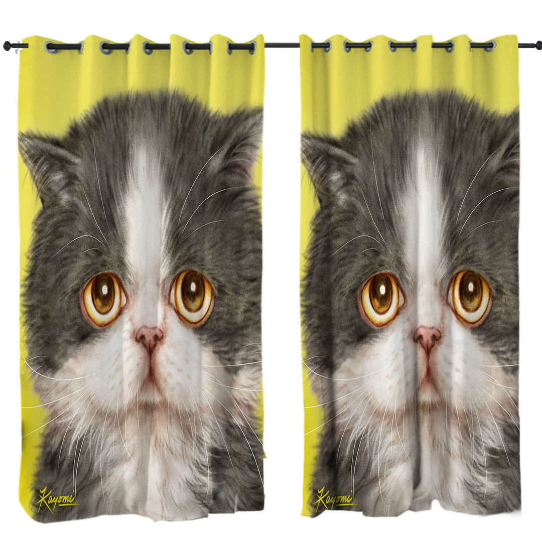 Cats Cute Faces Drawings Sad Grey Kitten Curtains for Living Room