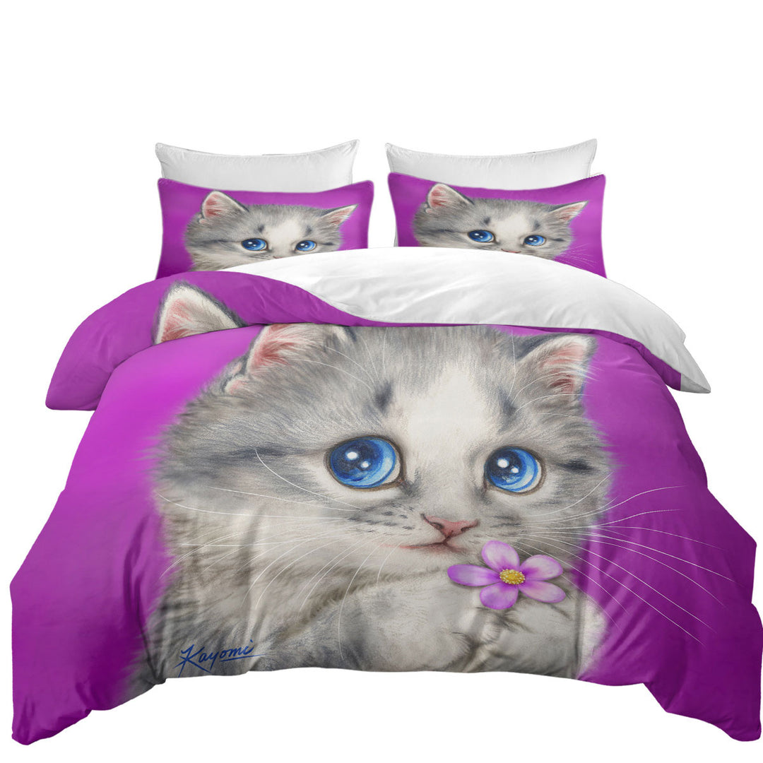 Cats Drawings Adorable Kitten Holding a Flower Comforter Cover