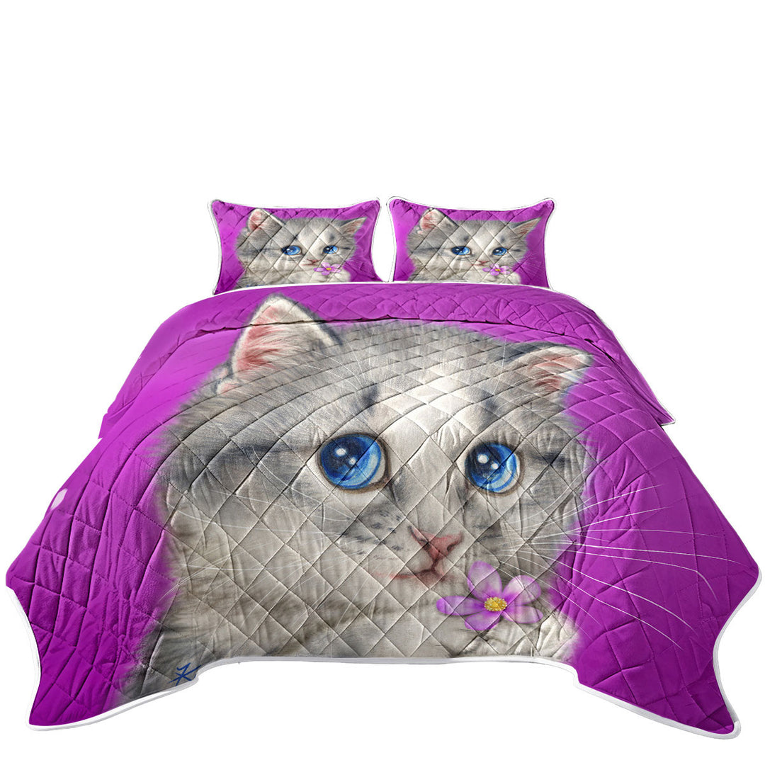 Cats Drawings Adorable Kitten Holding a Flower Coverlet