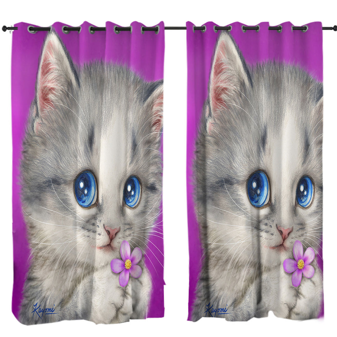 Cats Drawings Adorable Kitten Holding a Flower Drapes