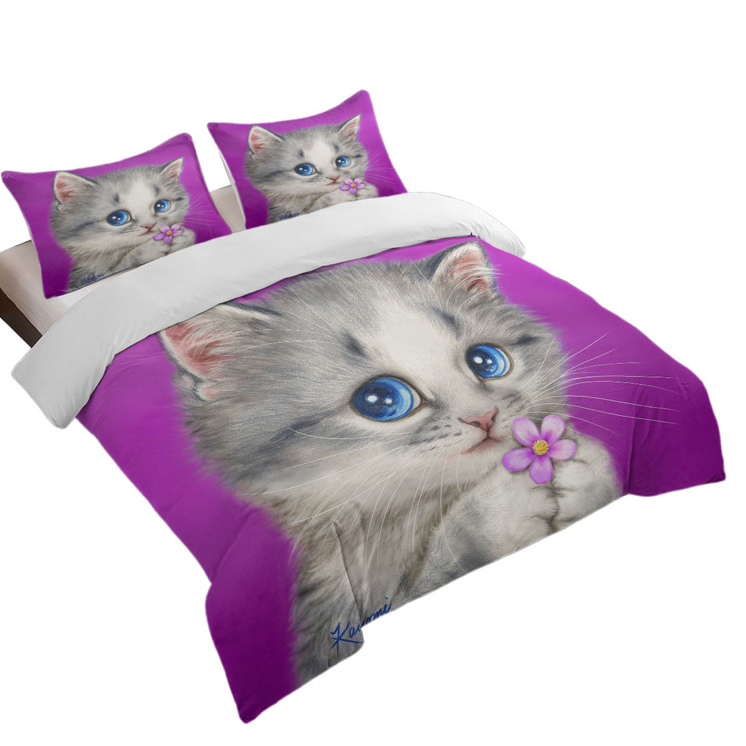 Cats Drawings Adorable Kitten Holding a Flower Duvet Cover