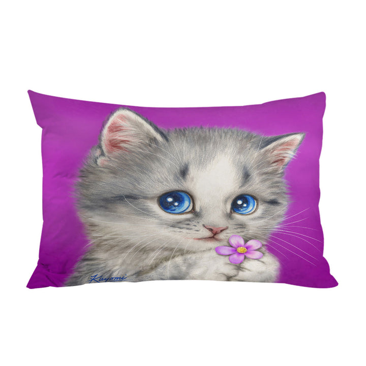 Cats Drawings Adorable Kitten Holding a Flower Pillow Cases