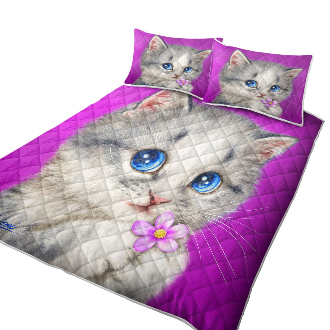 Cats Drawings Adorable Kitten Holding a Flower Quilts