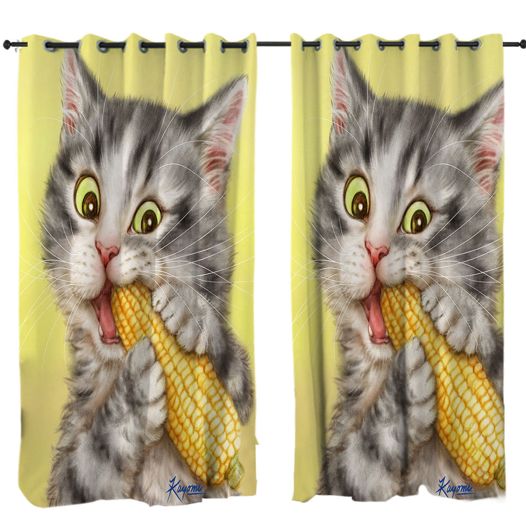 Cats Funny Art Painting Grey Tabby Eating Corn Drapes and Curtains