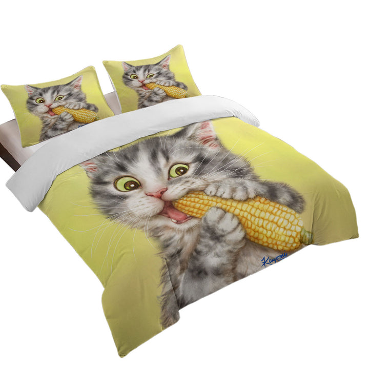 Cats Funny Art Painting Grey Tabby Eating Corn Duvet Cover