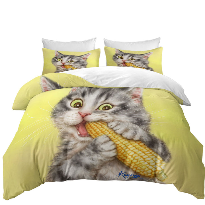 Cats Funny Art Painting Grey Tabby Eating Corn Duvet Covers