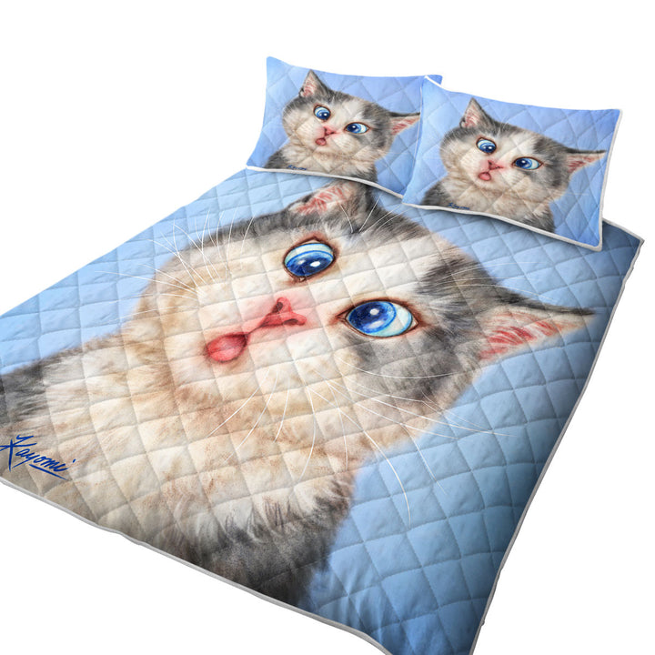 Cats Funny Faces Drawings Blue Eyes Grey Kitten Coverlet