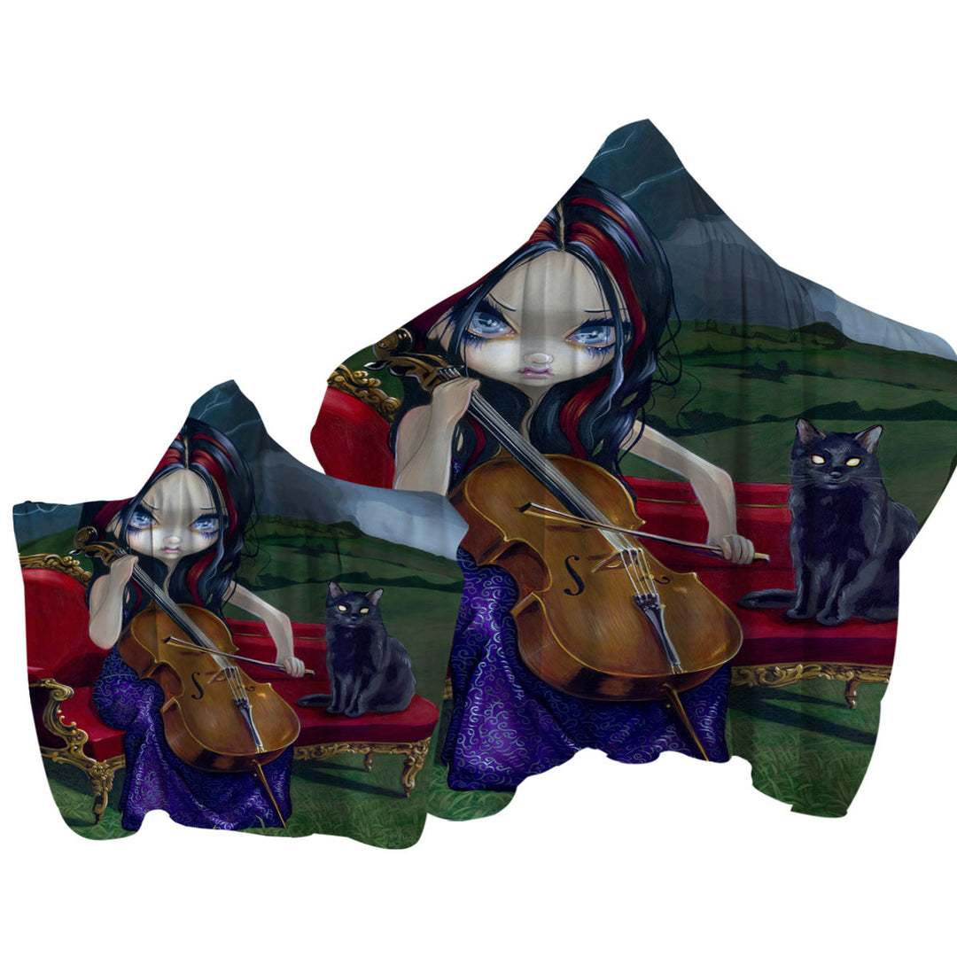 Cello Storm Gothic Beautiful Girl and Her Cat Towel Hoodie