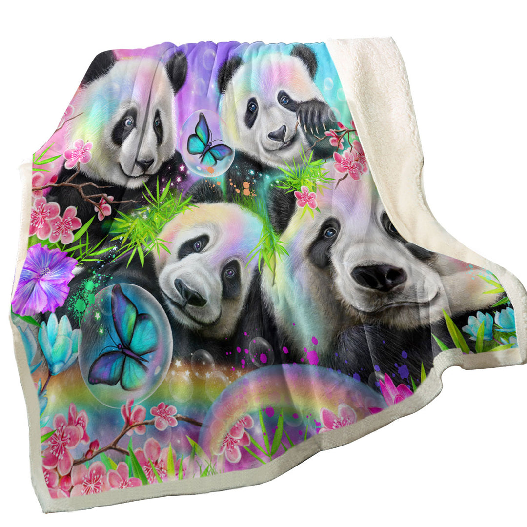 Cherry Blossom Rainbow Pandas Fleece Blankets