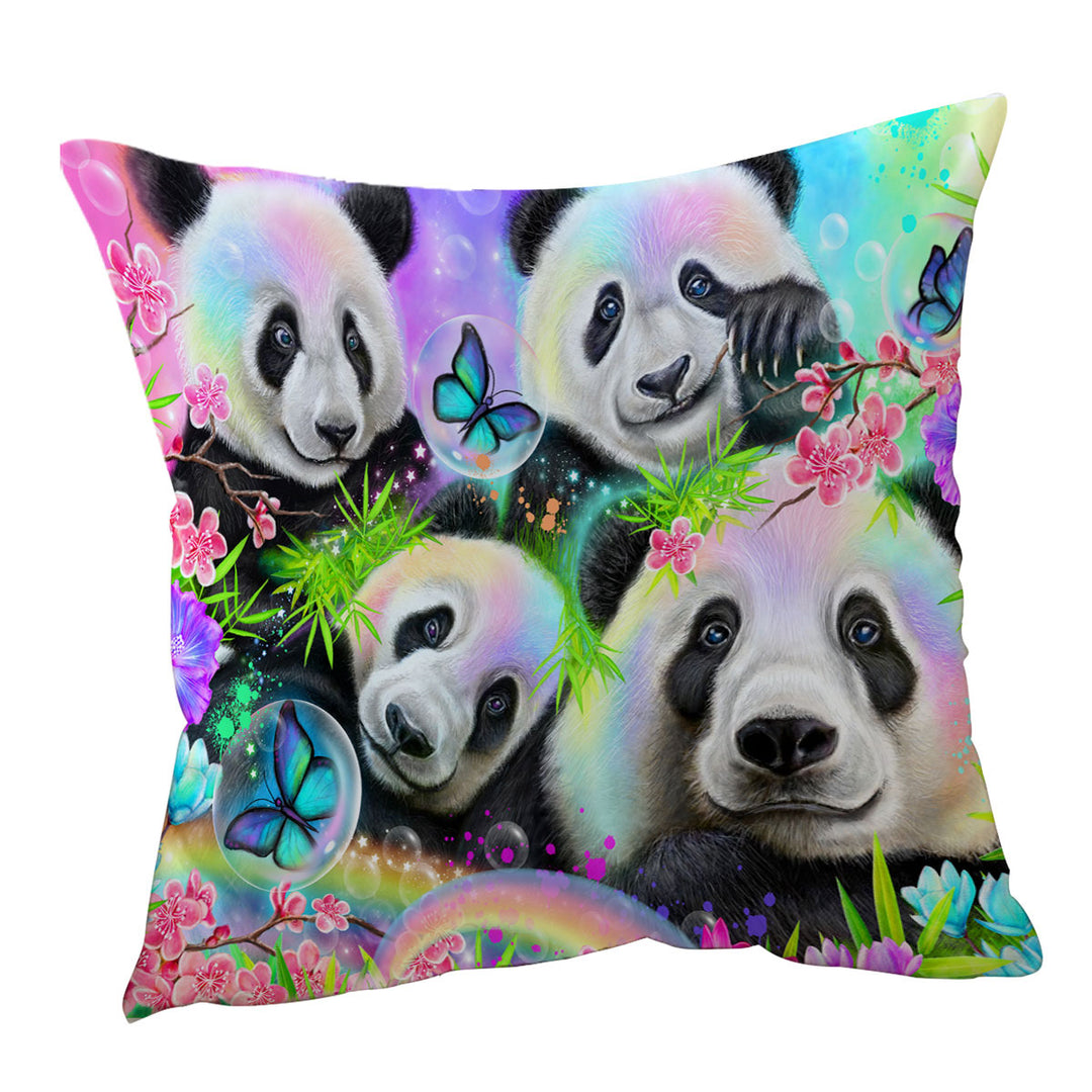Cherry Blossom Rainbow Pandas Throw Pillows