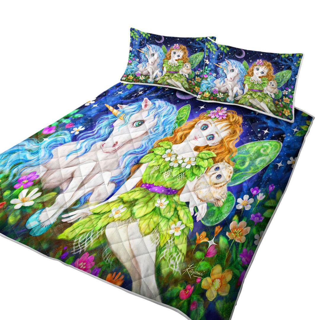 Children Art Design Leaf Fairy and Unicorn King Size Quilt