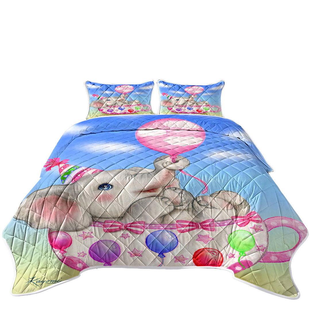 Children Design Cute Elephant Cup and Balloons Twin Quilt