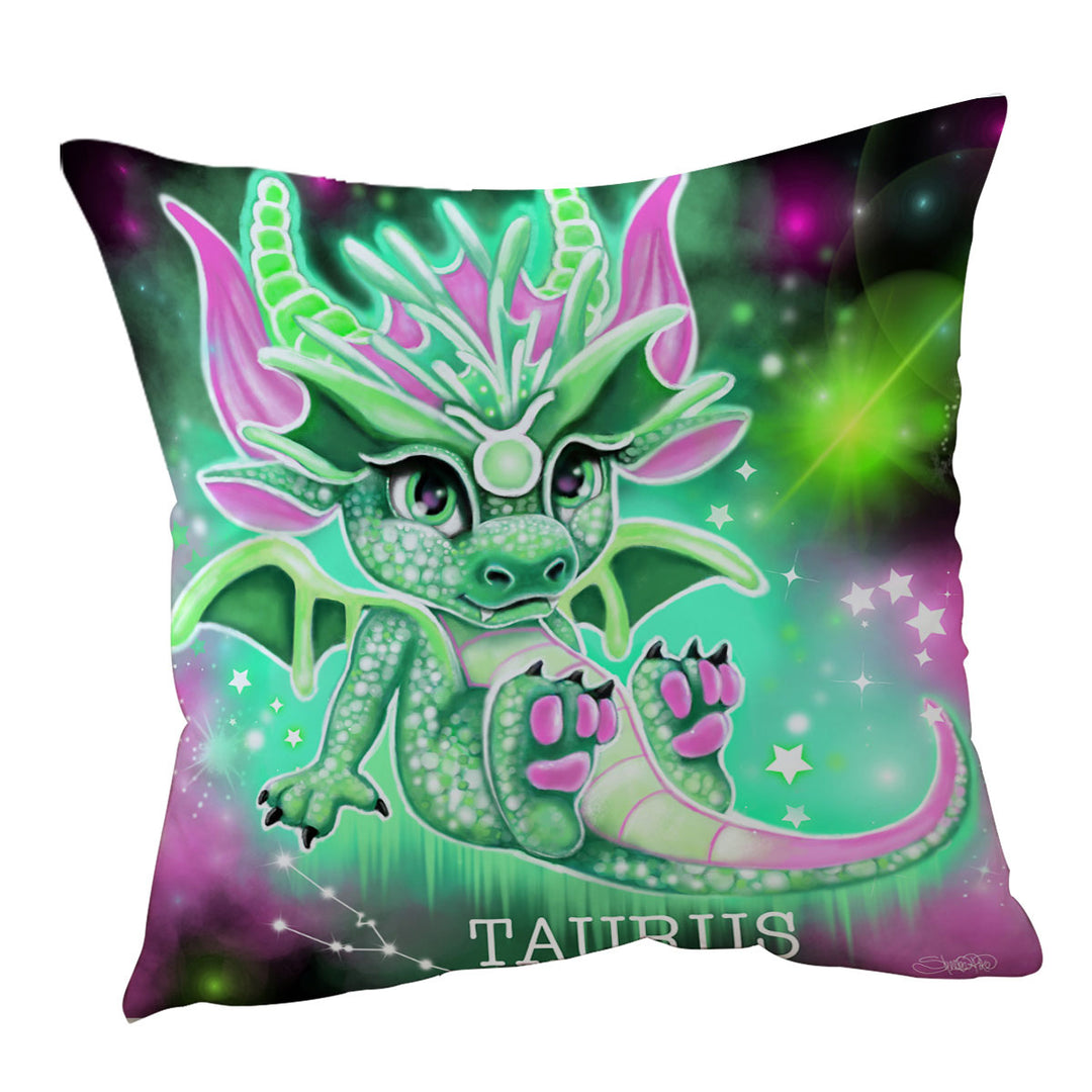 Children Gift Ideas Cushion Covers with Green Sparkling Taurus Lil Dragon
