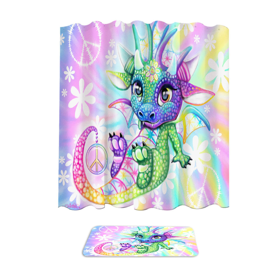 Children Shower Curtains Colorful Cute Peaceful Tie Dye Lil Dragon