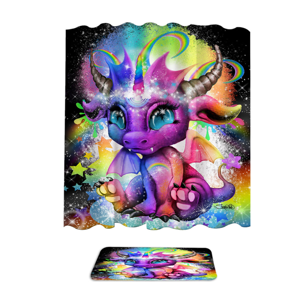 Childrens Shower Curtains Cute Fantasy Creature Rainbow Lil Dragon