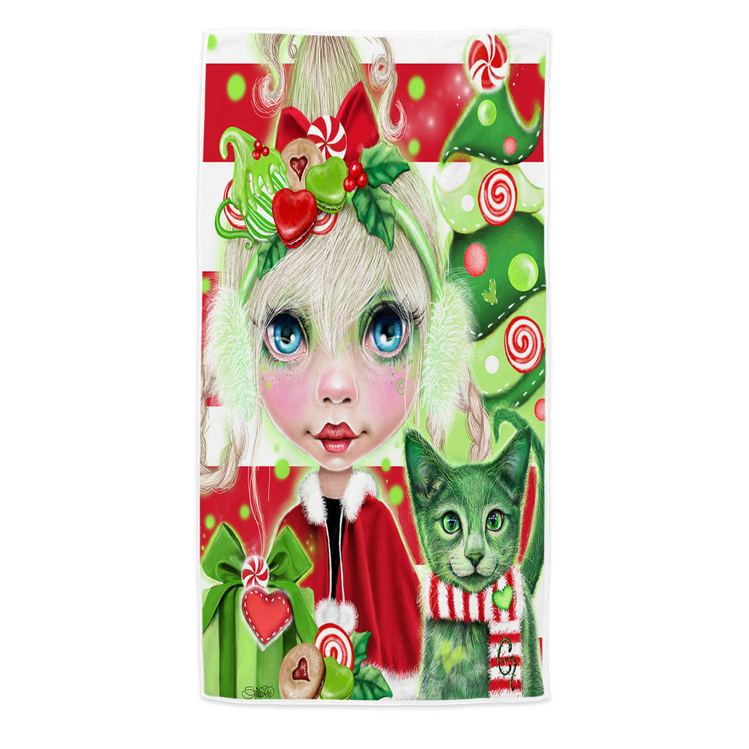 Christmas Beach Towels Red Green Christmas Cindy Girl and Kitty Cat