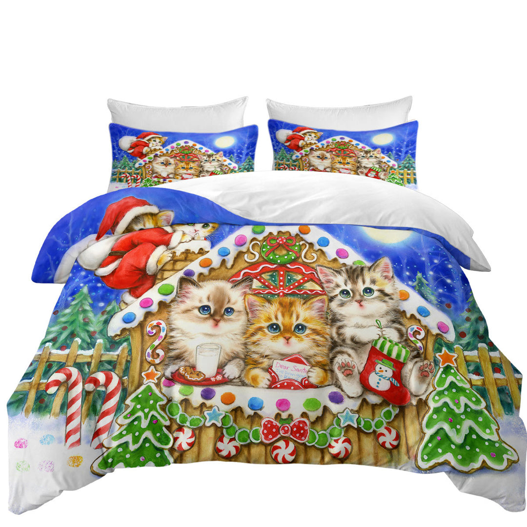 Christmas Cats Cute Gingerbread House for Kittens King Quilt Cover