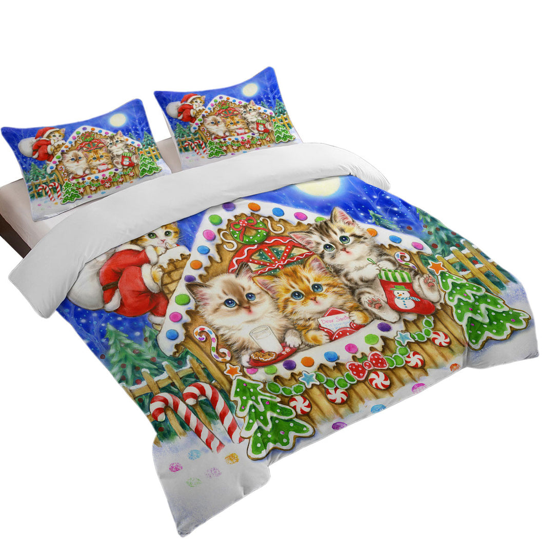 Christmas Cats Cute Gingerbread House for Kittens Quilt Cover Sets