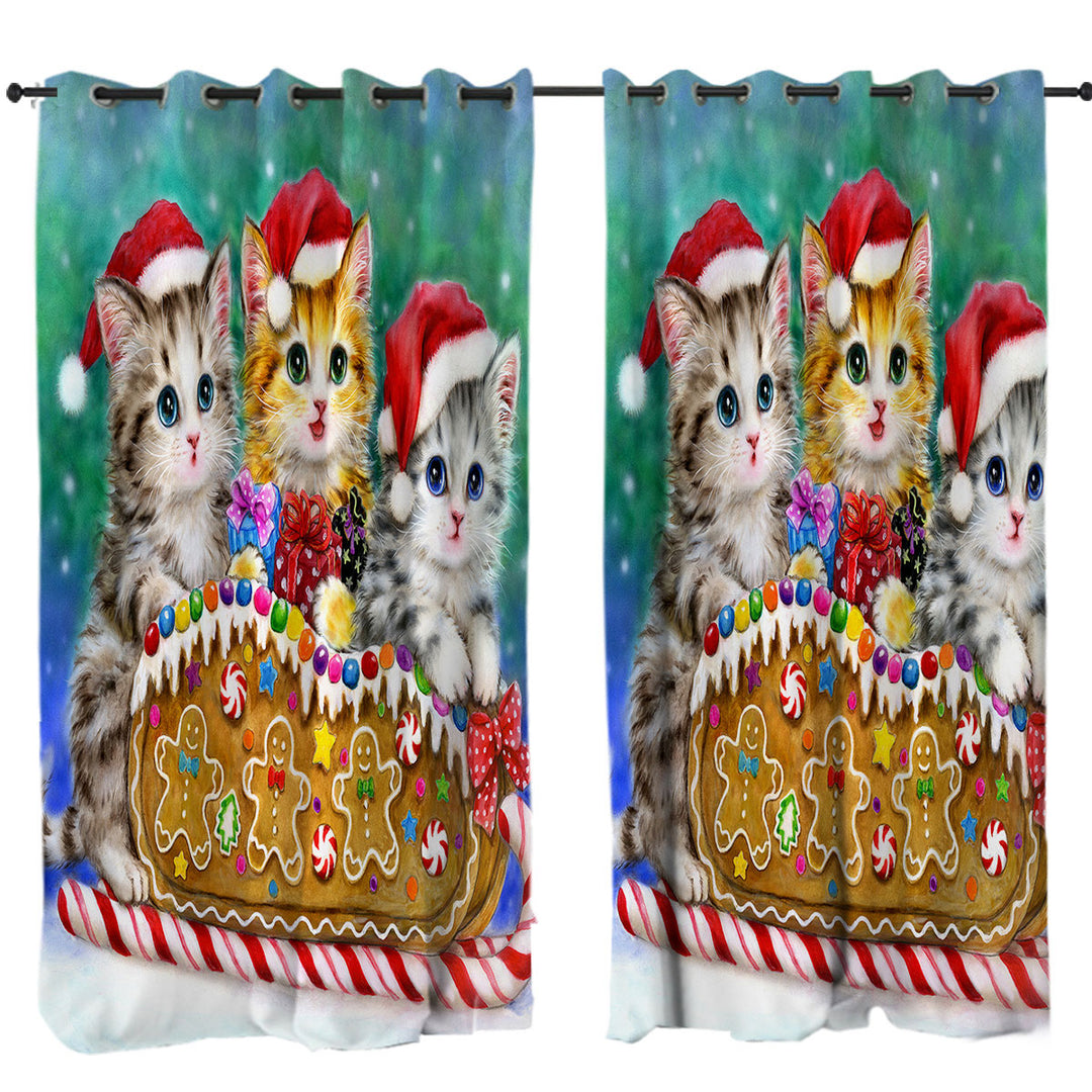 Christmas Cats Cute Gingerbread Sleigh Kittens Curtain