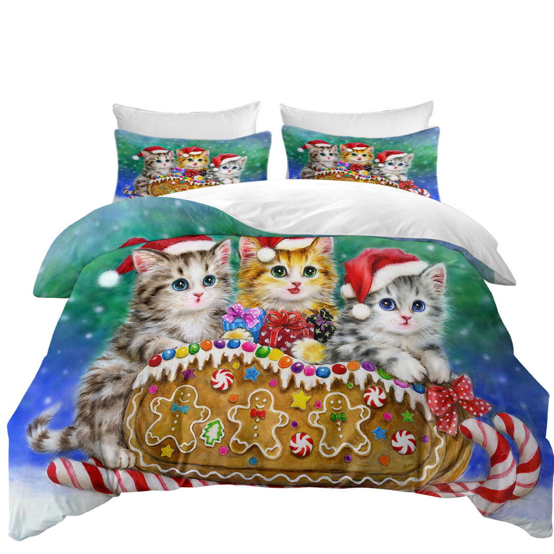 Christmas Cats Cute Gingerbread Sleigh Kittens Quilt Cover Sets