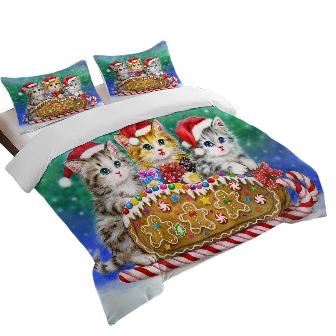 Christmas Cats Cute Gingerbread Sleigh Kittens Twin xl Duvet Covers