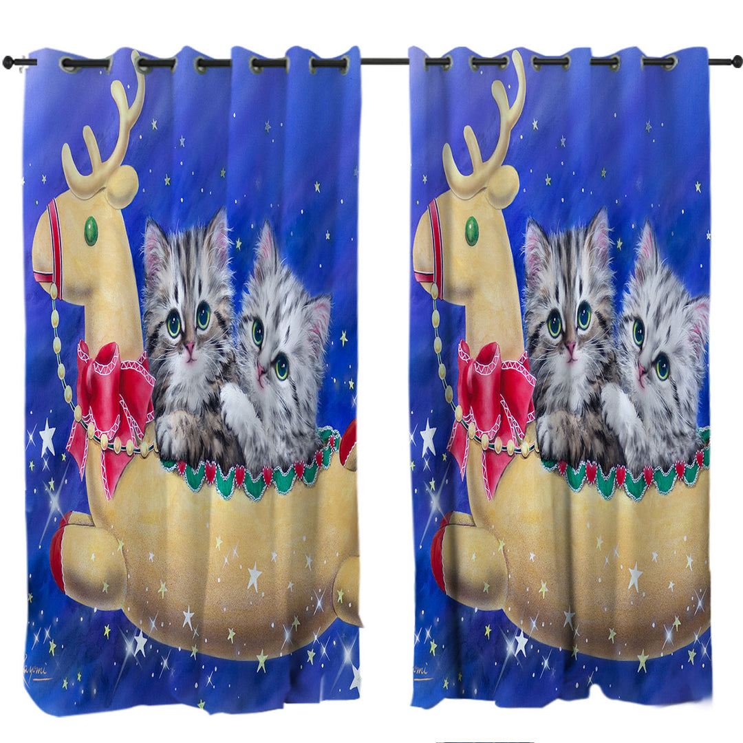 Christmas Design Reindeer Ride Kitty Cats Window Curtains
