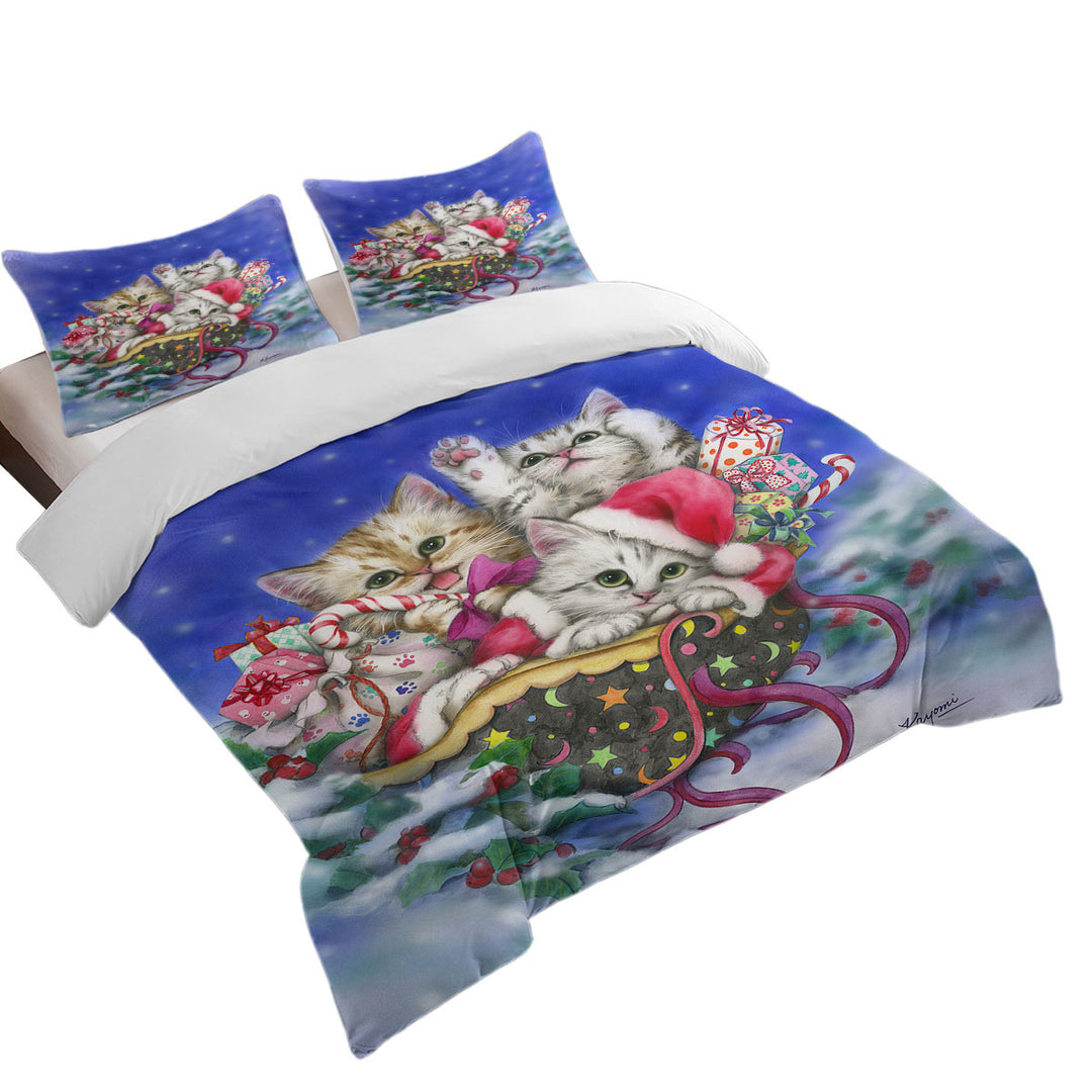 Christmas Gift Three Lovely Kittens in Sleigh Duvet Covers