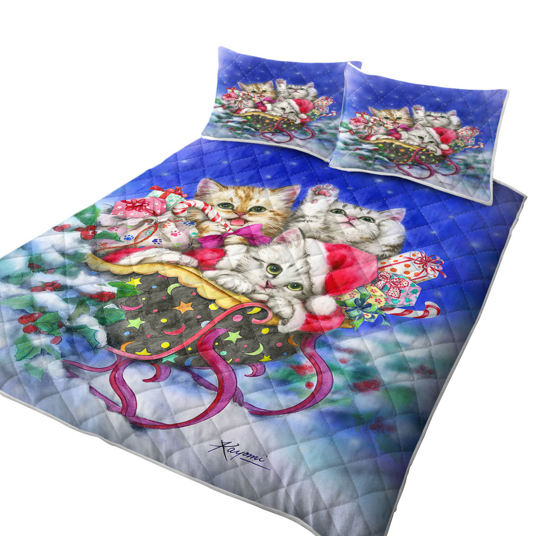 Christmas Gift Three Lovely Kittens in Sleigh King Size Bedspreads