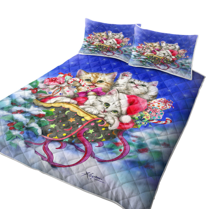 Christmas Gift Three Lovely Kittens in Sleigh King Size Bedspreads