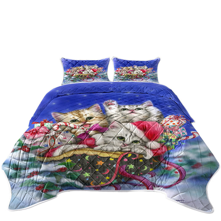 Christmas Gift Three Lovely Kittens in Sleigh Summer Quilt
