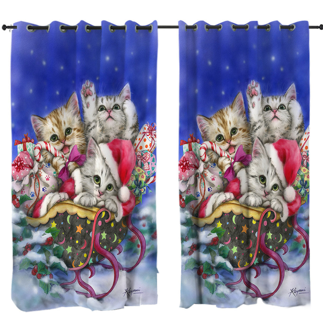Christmas Gift Three Lovely Kittens in Sleigh Window Curtains