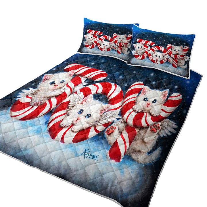 Christmas Joy Three Cute Angel White Kittens Coverlet