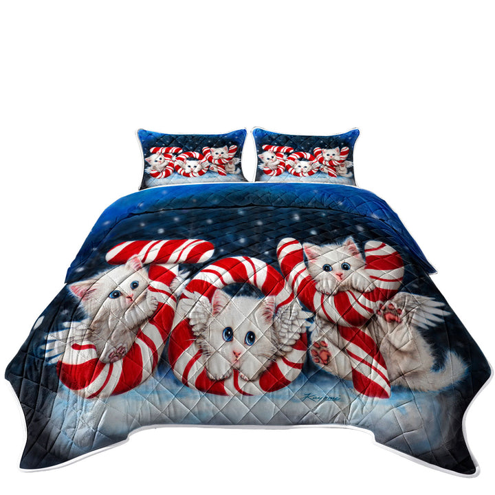 Christmas Joy Three Cute Angel White Kittens Coverlets