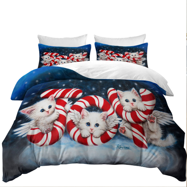 Christmas Joy Three Cute Angel White Kittens Duvet Cover