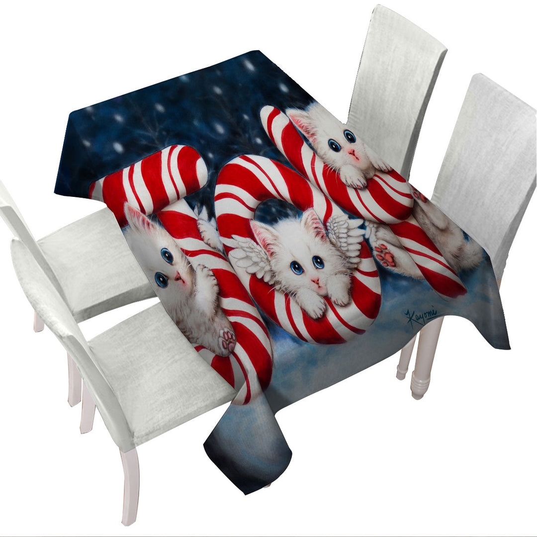 Christmas Joy Three Cute Angel White Kittens Tablecloth