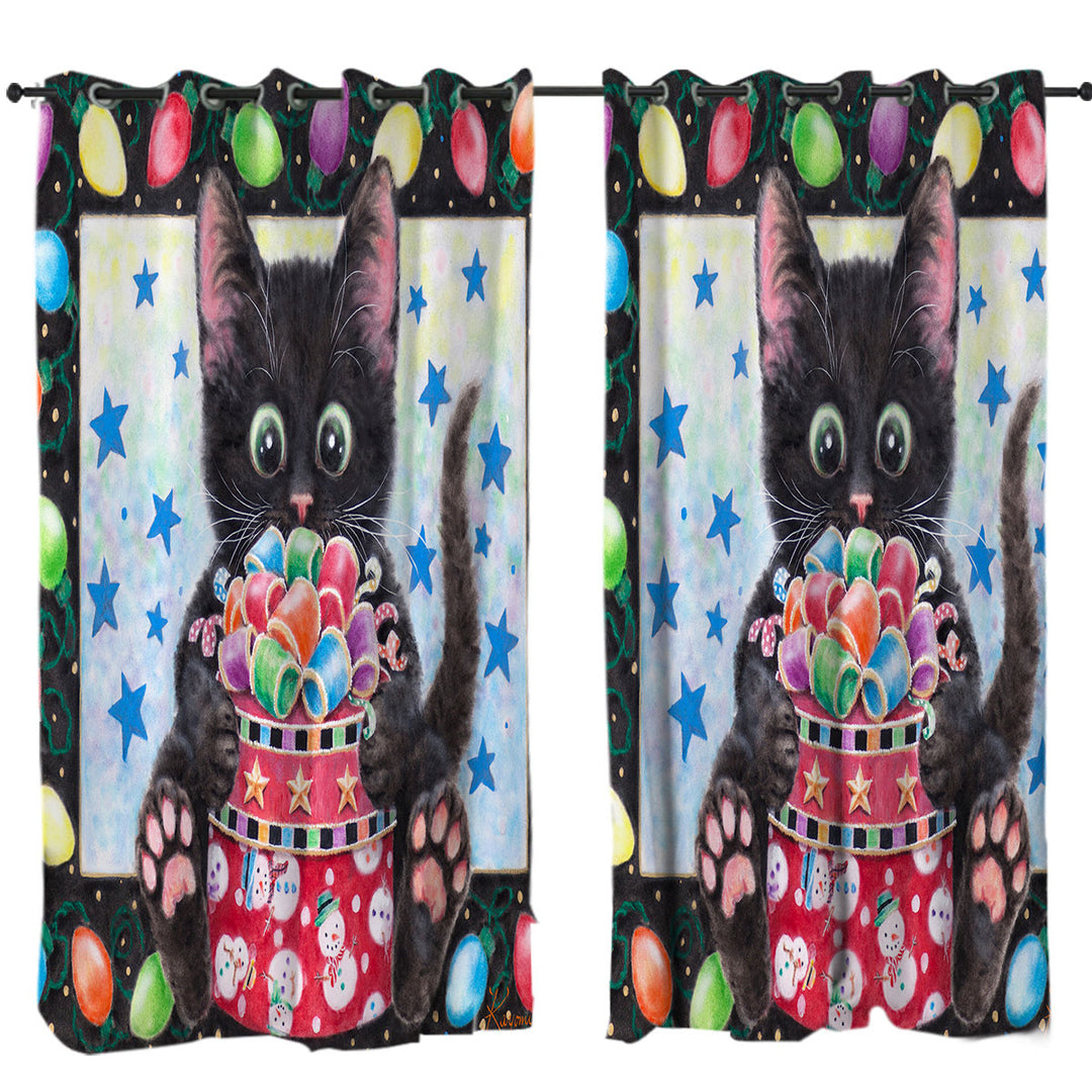Christmas Lights and Cute Black Kitten Cat Drapes