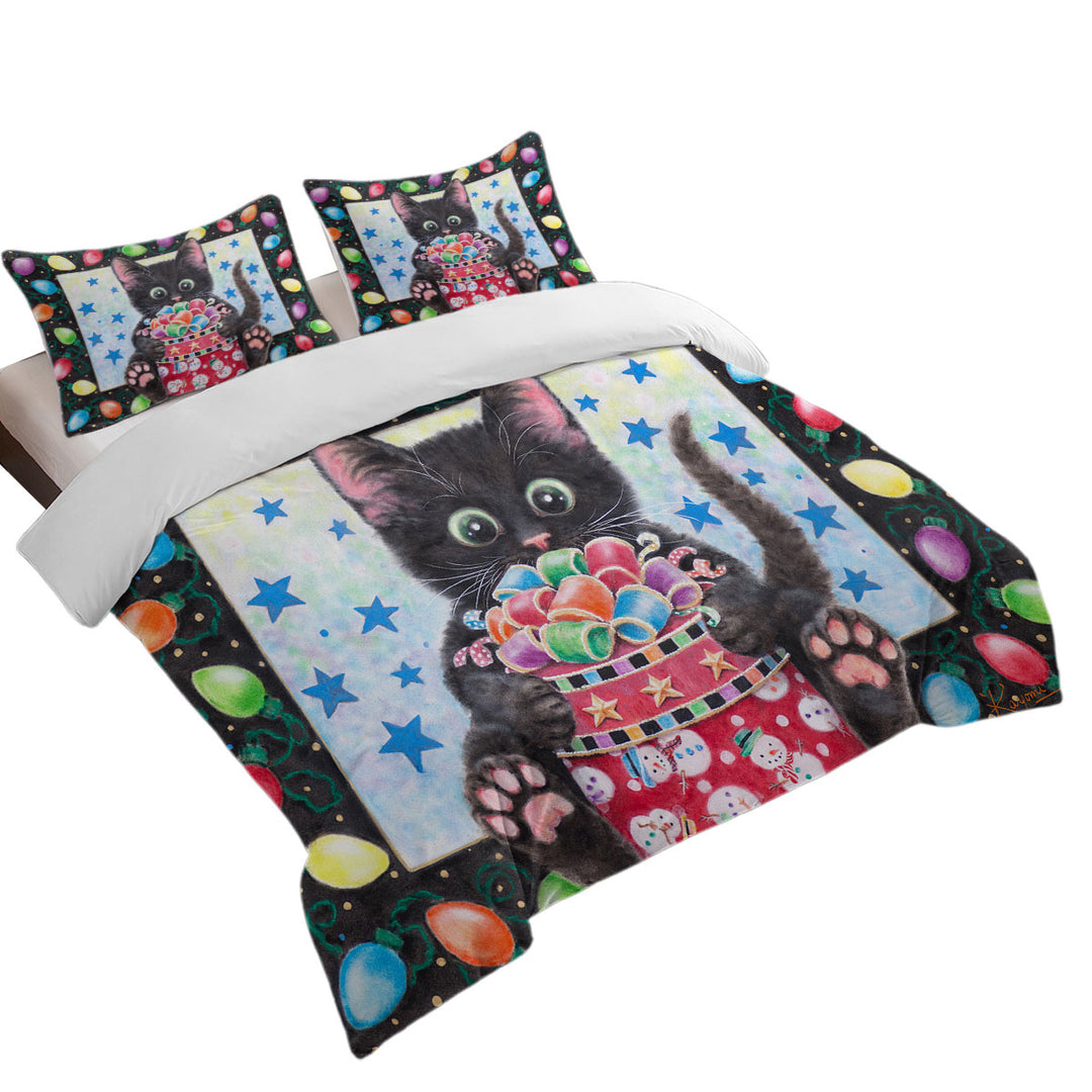 Christmas Lights and Cute Black Kitten Cat Duvet Cover